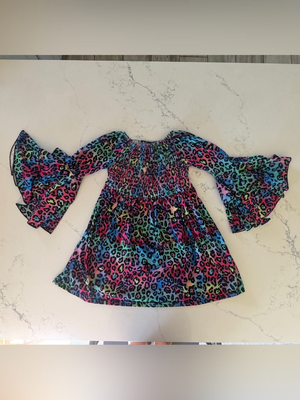 Girls 2XL Rainbow Leopard Print Smocked Ruffle Sleeve Dress